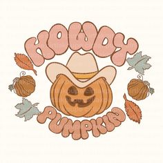 a pumpkin wearing a cowboy hat with the word boop on it and leaves around it