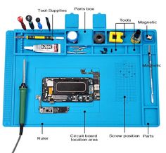 the parts of an electronic device displayed on a blue tray with screws, tools and other items