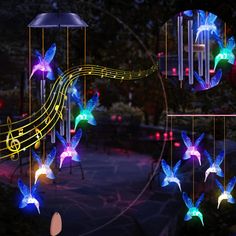 several wind chimes decorated with colorful lights and music notes in the shape of hummings