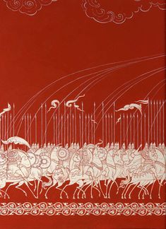 an image of a painting with horses and people on red paper in front of clouds