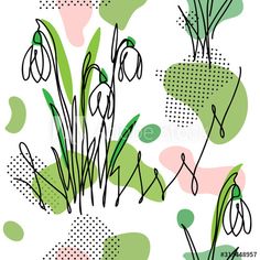 an abstract floral background with green and pink flowers, dots and lines on white paper