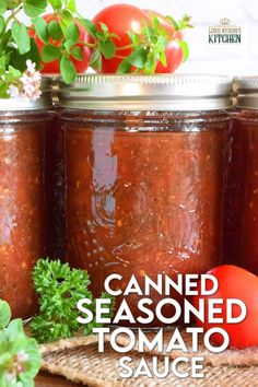 Canned Seasoned Tomato Sauce is prepared with summer fresh, locally grown tomatoes, and seasoned with classic tomato sauce ingredients like onion, garlic, basil, and oregano. Not only will you contain all of that fresh tomato flavour, but you'll cut dinner time prep in half! #tomatosauce #tomatoes #canning #preserves #seasonedsauce #tomato Tomato Salsa Canning, Canning Preserves, Recipes With Diced Tomatoes, Heirloom Tomato Recipes, Canning Cherry Tomatoes, Canning Tomatoes Recipes, Balsamic Vinegar Recipes, Canned Spaghetti Sauce, Stock Your Pantry