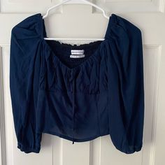 Urban Outfitters Blouse Size S Never Worn Color Is A Dark Navy Blue White Satin Shirt, Urban Outfitters Top, Peasant Shirt, Navy Blue Tie, Poncho Tops, Waffle Knit Top, Satin Shirt, Tank Top Camisole, Urban Outfitters Women