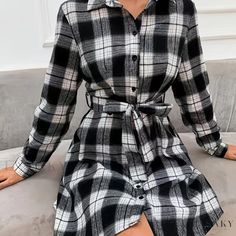 Lasaky - Chic Plaid Button-Up Dress with Tie Waist and Long Sleeves - Womens Fashion Casual Tie, Button Up Dress, Black Women Fashion, Dress With Tie, Vestido Casual, Button Dress, Plaid Print, Sleeve Dress, Chic Style