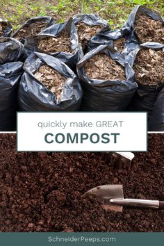 bags filled with compost sitting on top of dirt