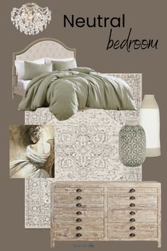 a bedroom with neutral colors and accessories including a bed, dresser, nightstand, lamp and chandelier