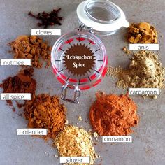 an assortment of spices and powders on a table with labels describing the different types of spice