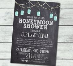 a chalkboard wedding shower with mason jars and lights on the strings is ready to be printed