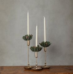 two candles are sitting next to each other with pine cones on them and evergreen branches in the middle