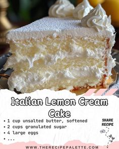 a piece of italian lemon cream cake on a plate with the recipe title below it