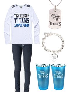 a white shirt and two blue cups are next to a necklace, bracelet, and keychain