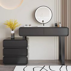 a modern console table with a round mirror on top