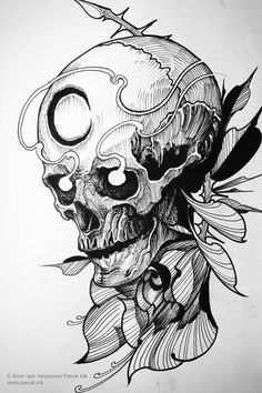 a pencil drawing of a skull with feathers on it's head and an ink pen next to it