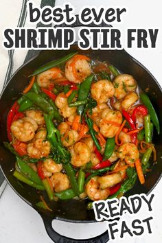 Shrimp stir fry with vegetables in a large pan. Pepper Steak Stir Fry, Stir Fry Shrimp Recipes, Shrimp Stir Fry, Best Seafood Recipes, Veggie Stir Fry, Asian Inspired Recipes, Appetizer Salads