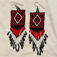 Never Worn! Beautiful Hand Beaded Statement Earrings In Red, Black & White Colors. Fishhook Ear Wires. Length Is About 3” Native Crafts, Gold Earrings For Women, Nativity Crafts, Faux Pearl Earrings, Floral Hoops, Kate Spade Earrings, Gold Pearl Earrings, Earring Tutorial, Beaded Jewelry Patterns