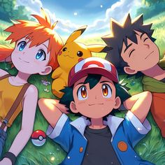 three young boys laying in the grass with pokemon on their backs and one boy holding his hands up to his head