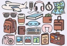 an assortment of travel related items such as luggage, books, sunglasses and other things