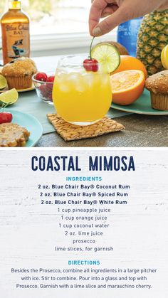 the menu for coastal mimosa with pineapples, orange juice and fresh fruit