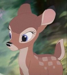 a cartoon deer with big eyes standing in front of some trees and bushes, looking at the camera