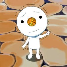 a cartoon character standing in front of stacks of gold coins and holding a candy lollipop