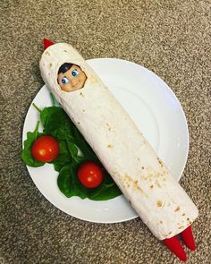 a white plate topped with a burrito next to tomatoes and spinach on top of a carpeted floor