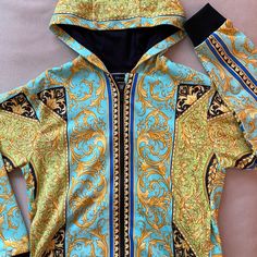 Kids Size Versace Hoodie Young Versace Luxury Hooded Jacket With Double-lined Hood, Blue Hoodie With Detachable Hood For Fall, Luxury Long Sleeve Hoodie With Double-lined Hood, Blue Long Sleeve Hoodie With Detachable Hood, Luxury Blue Hooded Outerwear, Versace Hoodie, Versace Jacket, Versace Gold, Colorful Hoodies