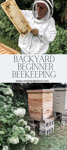 a man in bee suit holding up a frame with the words backyard beginer bee keeping