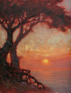 an oil painting of a tree with the sun setting in the background