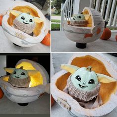 three pictures of an egg with a baby yoda in it and pumpkins on the ground