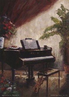 an oil painting of a piano and flowers