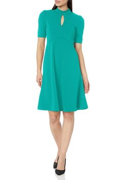 London Times Keyhole Puff Sleeve Polished Chic Flounce Hem Dress - EMERALD - FRONT Bride Suit, Flounce Hem Dress, Short Puff Sleeve, Parasailing, Long Midi Dress, Keyhole Neckline, Long Dress Casual, Midi Cocktail Dress, Short Dresses Casual