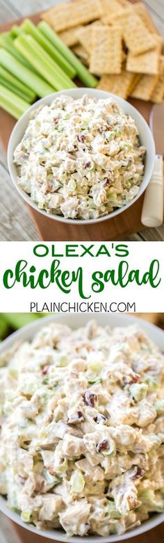 chicken salad in a bowl with celery and crackers