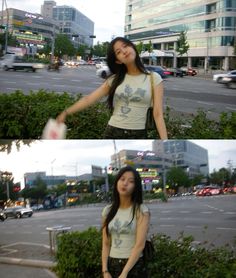 two pictures of a woman standing in the middle of a street with her arms outstretched