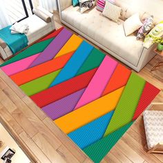 a living room area with colorful rugs on the floor