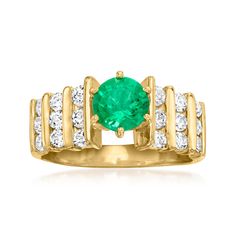 Ross-Simons - C. 1980 Vintage 1.09ct Emerald, 1.10ct t. w. Diamond Ring Size 8. C. 1980. Here, classic gemstones take on a modern design. Presented by our Estate collection, this ring features a band of 1.10 ct. t. w. round brilliant-cut diamonds channel-set in polished 14kt yellow gold that finishes with a verdant 1.09 carat emerald centerpiece for a touch of eye-catching appeal. 5/16" wide. Diamond and emerald ring. Exclusive, one-of-a-kind Estate Jewelry. Emerald birthstones are the perfect g Formal Emerald Ring With Channel Set Round Cut, Formal Channel Set Round Cut Emerald Ring, Classic Round Cut Channel Set Emerald Ring, Classic Formal Emerald Ring Channel Set, Classic Green Channel Set Ring, Classic Formal Emerald Ring With Channel Set, Emerald Channel Set Round Ring, Yellow Gold Channel Set Emerald Ring, Round Emerald Ring Channel Set Fine Jewelry