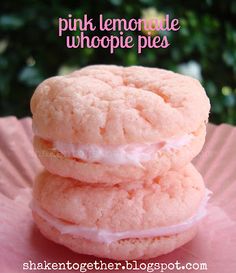 three pink lemonade whoope pies stacked on top of each other with the words, pink lemonade whoope pie