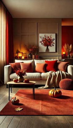 a living room filled with furniture and lots of oranges on top of the floor