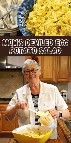 an old woman is making scrambled eggs in the kitchen and then eating it with her hands