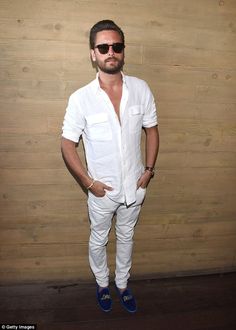 The Lord cometh: Scott Disick is clearly comfortable in head-to-ankle white, but he mixed it up for the party with his blue velvet slippers emblazoned with Lord Disick Taz Arnold, Lord Disick, White Attire, Party Outfit Men, Paula Patton