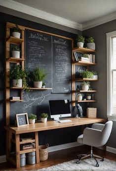 a home office with chalkboard and wooden shelves