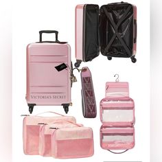 The Vs Getaway Hardside Carry-On Suitcase 1 Exterior Zip Pocket 1 Interior Mesh Zip Pocket 2 Interior Mesh Side Wall Pockets 14" L 9" D 22" H The Vs Packing Cube Trio Includes 3 Bags Large: 15" L X11'h X 3" D Medium: 12" L X 8 3/4" H X3"D Small: 10 V/4" Lx 7 1/2" H X 3" D Back Zippers Sustainable Polyester And Nylon Vs Sunset Ombre Jetsetter Hanging Cosmetic Case * 2 Interior Zip Compartments * Small Inner Zip Pocket W/Optional Hook For Hanging * Measures: 71/4" H X10 1/2" Lx 3 1/4" W * Strap Dr Victoria's Secret Rectangular Travel Bag, Elegant Pink Luggage For Travel, Victoria's Secret Luxury Travel Bag, Elegant Victoria's Secret Travel Bag, Luxury Pink Luggage With Sleeve, Pink Girly Things Accessories, Sunset Ombre, Pink Travel, Pink Pouch