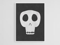 a black and white poster with a skull on it's face, against a gray background