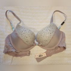 Victoria Secret Padded Demi Bra With Lace And Jewel Details. The Color Is A Sophisticated Lavender/Mauve Color With Light Aqua Blue In The Lace And On The Back Part Of The Straps. New With Tags. From A Not Smoking Home With Pets. I Have Also Listed Matching Panties; If You Want Both, Please Let Me Know If You Need Help Bundling Them Together. Elegant Victoria's Secret Purple Bra, Elegant Purple Victoria's Secret Bra, Victoria's Secret Feminine Purple Bra, Victoria's Secret Purple Bra For Spring, Feminine Fitted Purple Bra, Fitted Feminine Purple Bra, Elegant Purple Bra For Spring, Elegant Purple Summer Bra, Victoria's Secret Lavender Underwire Bra