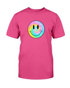 Tie-Dye Smiley Face Retro Aesthetic T-Shirt Trendy Tie Dye T-shirt With Graphic Print, Funny Pink T-shirt For Streetwear, Funny Pink Streetwear T-shirt, Funny Smiley Face T-shirt For Summer, Funny White T-shirt With Smiley Face, Pink Cotton T-shirt With Smiley Face, Casual Pink T-shirt With Smiley Face, Funny Pink Crew Neck T-shirt, Tie Dye Crew Neck T-shirt With Funny Print