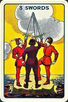 the three swords tarot card is shown in red and yellow, with an image of two