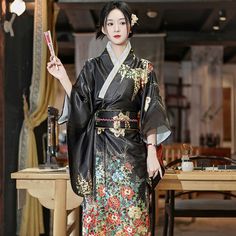 Color: Black, Size: One Size Black Kimono For Fall, Traditional Black Kimono For Fall, Traditional Black Fall Kimono, Traditional Fitted Black Kimono, Fitted Black Traditional Kimono, Fitted Traditional Black Kimono, Black Kimono Traditional, Japanese Floral Design, Kimono Traditional