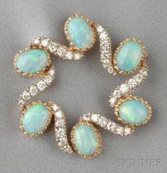 14kt Gold, Opal, and Diamond Pendant/Brooch, designed as a circle set with six oval cabochon opals, further set with full-cut diamond melee, 6.5 dwt, lg. 2 3/8 in. by fannie Opal Jewelry Set, Wedding Brooch, Diamond Brooch, Fabulous Jewelry, Ring Diamond, A Circle, Bijoux Diy