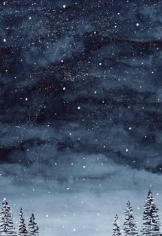 the night sky is filled with stars and snow as trees stand in the foreground