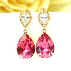 "Pink Earrings Gold Earrings Fuchsia Earrings Hot Pink Earrings Swarovski Crystal Cubic Zirconia 16k Gold Plated Magenta Earrings Beautiful, romantic and sparkling Swarovski Hot Pink Teardrop Crystal and Gold Earrings. The versatile crystal emits classic romance with its elegant and timeless, yet modern, appeal. I made these gorgeous Earrings with: - 18x13mm genuine Rose Pink Swarovski teardrop pear shaped fancy stones, set in gold plated settings - Hypoallergenic and tarnish resistant, 16k gold Pink Elegant Clip-on Earrings For Anniversary, Elegant Pink Clip-on Earrings For Anniversary, Pink Clip-on Jewelry For Anniversary, Pink Clip-on Dangle Jewelry, Pink Dangle Clip-on Jewelry, Pink Earrings For Anniversary, Pink Pear-shaped Earrings For Gift, Pink Crystal Drop Earrings For Anniversary, Pink Clip-on Earrings As Gift