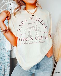 custom napa valley girls club group shirts / napa valley girls trip / vino before vows PLEASE NOTE, this is NOT an oversized t-shirt. For oversized fit please size up 1-2x your normal size.  Comfort Colors T-Shirt 1717 .: 100% ring-spun cotton .: Medium fabric (6.1 oz/yd² (206.8 g/m .: Relaxed fit .: Sewn-in twill label CARE INFO: machine wash inside out in cold water. Do not bleach. Tumble dry on low-med heat. Do not iron; do not dry clean. SIZING: All shirts are UNISEX sizing unless noted othe Bride On Cloud Wine, Winery Bachelorette Party, Bachelorette Matching Shirts, Bachelorette Matching, Bachelorette Party Tees, Girls Golf, Valley Girls, Bridal Party Shirts, T Shirt Oversize